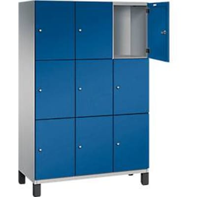 C+P Cambio lockerkast, 3 vakken, 9 vakken, op poten, B 1200 x D 525 x H 1980 mm, blank aluminium/ gentiaanblauw