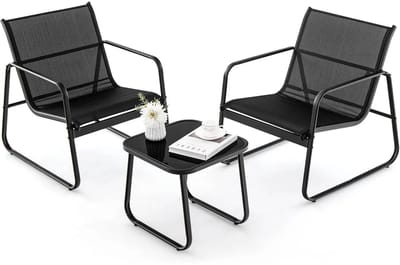 Sello! tuinset – balkonset – driedelig – twee stoelen – 1 salontafel – ergonomisch ontwerp – ademende stof – metalen frame - zwart