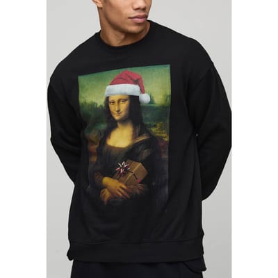 Zwarte oversized Mona Lisa kerstlicentie-bedrukte sweatshirt | Black | Size XS