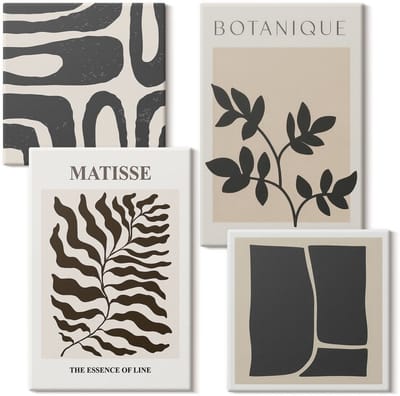 Wallfluent Set van canvas schilderijen - Minimalistische posters met plantenpatronen en abstracte afbeeldingen Canvas Schilderijen Set - Set van 4 Canvas Schilderijen - Beige Set van Canvas Prints - Abstractie Canvas Kunst Set