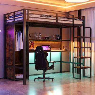 Gestoffeerd bed 180x200 cm - met stopcontact en opbergruimte - LED-verlichting - verbrede bedpoten - donkergrijs - zonder matras