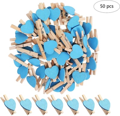 50-stuks Clips - Houten clips - Mini clips - Fotoclips - Hartvormige mini wasknijpers - Mini houten hartvormige wasknijpers - Geschikt voor foto's, paperclips, zelfgemaakte Valentijnskaarten, tekeningen, scrapbooks, enz. - Blauw