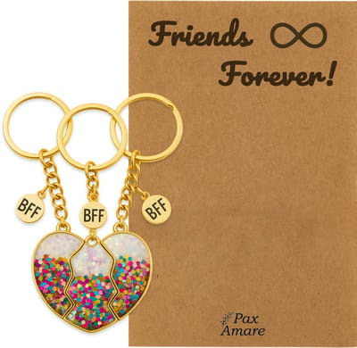 BFF Sleutelhanger voor 3 ' Friends Forever' - Magnetisch Glitter Hartje - Sleutelhanger set op Cadeau Kaartje - Goudkleurig - Vriendschap Symbool - Pax Amare