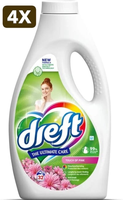 4 x Dreft - Ultimate Care - Vloeibaar Wasmiddel - Gekleurde Was - Een Vleugje Roze - 32 Wasbeurten