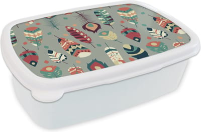Broodtrommel Wit - Lunchbox - Brooddoos - Tieners - Veren - Patronen - 18x12x6 cm - Volwassenen