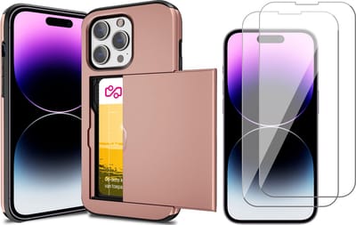 Hoesje met Pasjeshouder geschikt voor iPhone 14 Pro - 2x Screen Protector GlassGuard - Back Cover SlideCase Roségoud & Screenprotector