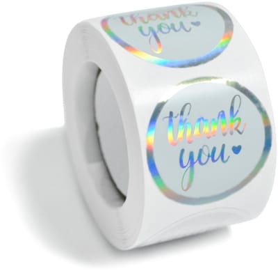 Cosensi - Thank You Stickers - Zelfklevend - 500 Stuks - Wit met Zilveren Folie - Voor Kleine Bedrijven - Perfect voor Cadeaupakketten