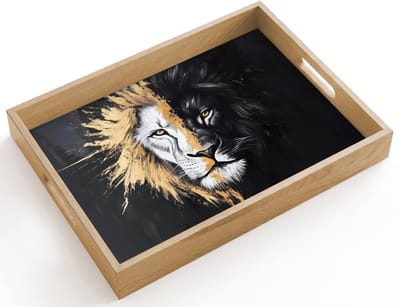 Dienblad hout 40x30 cm - Schootdienblad - Leeuw - Gesplitst - Zwart - Lijn - Borrelplank rechthoek - Plateau dienbladen
