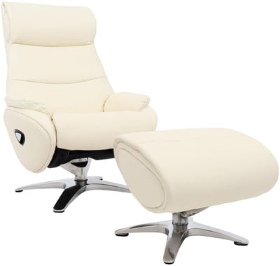 Relaxfauteuil met hocker MCW-K98, TV-fauteuil, relaxfunctie, draaibaar, metaal echt leer/kunstleer ~ crème-wit