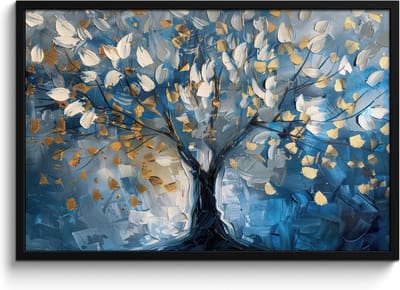 Poster in lijst - Fotolijst 90x60 cm - Posters - Boom - Blauw - Goud - Abstract - Posterlijst zwart - Decoratie - Wanddecoratie woonkamer - Muurdecoratie slaapkamer