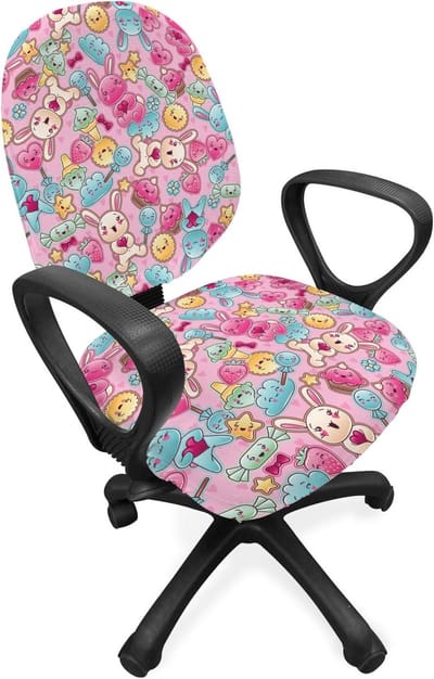 ABAKUHAUS Baby Bureaustoel Onderhoes, Kawaii Bunnies en Snoep, Decoratieve Beschermhoes van rekstof, Roze Turquoise mosterd