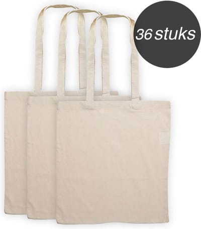 Katoenen draagtas - 36 stuks naturel canvas draagtasjes met lang hengsel - Geschikt om te bedrukken of decoreren met o.a. spuitverf, sjablonen, verfstiften, textielverf, etc.