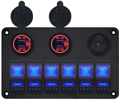 ProRide Schakelpaneel 12V voor Auto/Boot - USB Lader 4 Poorten met Schakelaar - QC3.0 - PUSB1QC-R - 6 Schakelaars