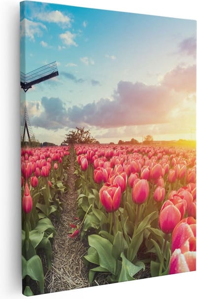 Artaza Canvas Schilderij Molen - 40x50 cm - Wanddecoratie Tulpenveld - Muurdecoratie Landschap - Kamer Accessoires Roze