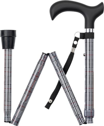Wandelstok opvouwbaar zwart/wit motief met ergonomisch comfort handvat en polsbandje - Loopstok - Verstelbaar 82 - 94 cm - Lichtgewicht