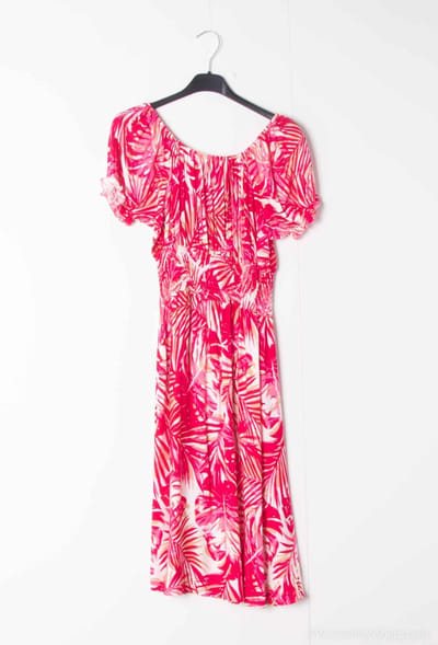 Dames jurk Dieke-bladerenmotief-rood wit beige roze-Maat S-strandjurk