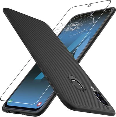 ebestStar - Hoes geschikt voor Samsung A40 Galaxy SM-A405F, Hoogwaardig Zacht TPU Bescherming, Koolstof Design Hoesje, Zwart + Gehard Glas