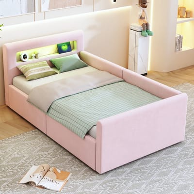 Gutent Kinderbed - 90*200 cm - met LED verlichting - USB oplaadpoort - met legplanken - hydraulische opbergruimte - velours stof -Roze- Zonder matras