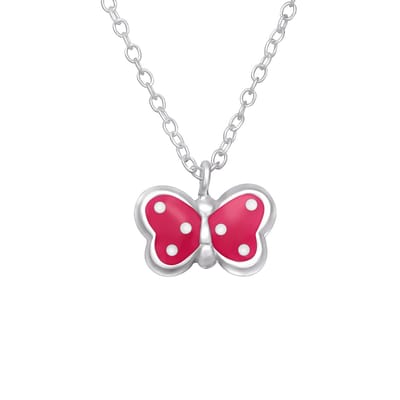 Joy|S - Zilveren vlinder hanger - rood met witte stippen - inclusief ketting 39 cm - voor kinderen