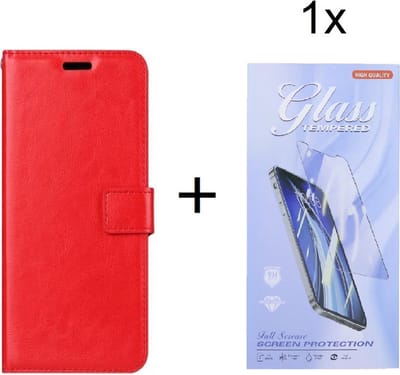 Bookcase Geschikt voor: Motorola Moto G9 Plus - Bookcase Rood - portemonnee hoesje met 1 stuk Glas Screen protector