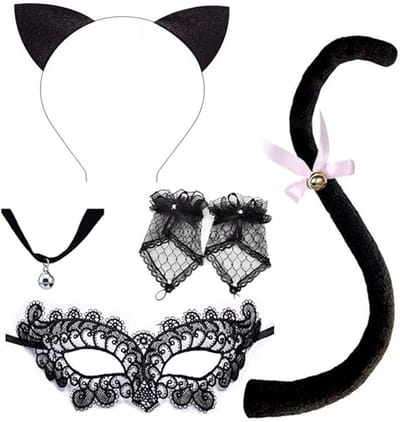 Daity 1 set - Hoofdband met kattenoortjes - halsband met belletjes - vingerloze handschoenen van kant - geschikt voor cosplaykostuums