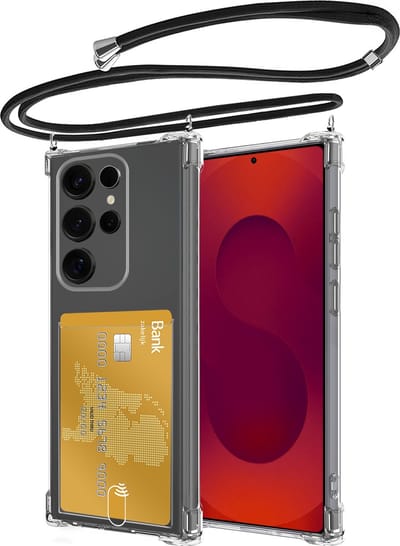 Hoes Geschikt voor Samsung Galaxy S25 Ultra Hoesje Pasjeshouder Cover Met Koord Shock Proof Case Siliconen Hoes Met Telefoonkoord en Kaarthouder - Transparant