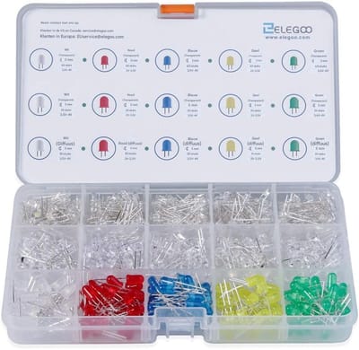 GELLDG 5 mm LED's - Ronde kop, vijfkleurige LED-set - 2-pins LED's - Geschikt voor knutselprojecten - Wit, geel, rood, blauw, groen - 120 per kleur - 20 mA - 3 V - 600 stuks per set