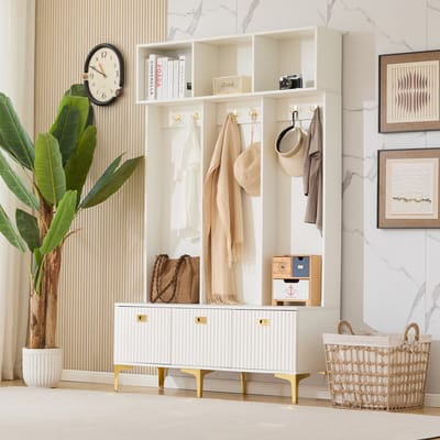 DESMIU Garderobeset - Met Bank En Opbergruimte - Voor Hal En Woonkamer - Spaanplaat En Metaal - 120x23,5x191,5 Cm - Wit