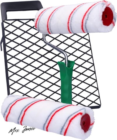Mrs. Jones Universele Duocolor Kit 23 Cm op een Rooster Voor Het Verven Van Muren-en-Plafonds met Verfrollers 23 Cm Handvat - Roller 25 Cm Rooster - Verf 4 Elementen .