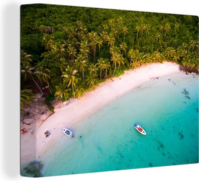 Canvas Schilderij Tropisch - Eiland - Boot - 80x60 cm - Wanddecoratie