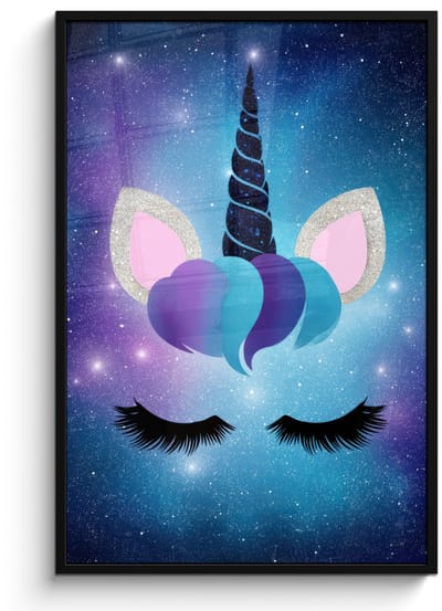 Poster in lijst - Fotolijst 80x120 cm - Posters - Eenhoorn - Sterren - Magisch - Blauw - Posterlijst zwart - Decoratie - Wanddecoratie woonkamer - Muurdecoratie slaapkamer