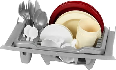 Klein Toys - afwasrek - incl. inschuifrails, bestekset, eetservies en koffieservies - grijs rood