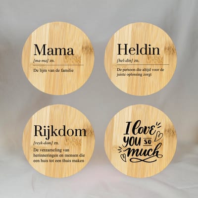 Bamboe Onderzetters Mama - 4 stuks - Hout - 12cm - Moederdag - Moederdag Cadeautje - Moederdag Cadeau voor Mama