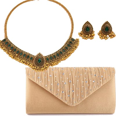 Retro Mode, Sprankelende Diamanten, Waterdruppel Temperament Overdreven Damesketting, Oorbellen, Handtasje voor Diner Drie-delige Set voor Dames
