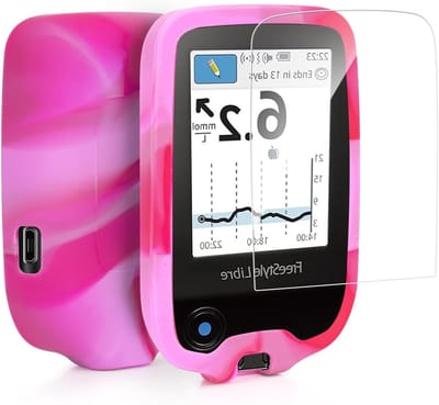 Siliconen beschermhoes voor Freestyle Libre 1/2 met krasbestendige tempered glass screen protector in roze/wit, ultra duurzaam en perfect voor dagelijks gebruik