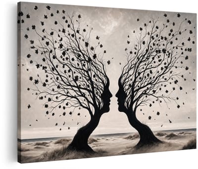 Artaza Canvas Schilderij Abstracte Gezichten Met Bomen - Zwart Wit Natuur - 30x20 cm - Klein - Wanddecoratie Woonkamer - Schilderijen - Muurdecoratie