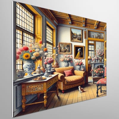 Acryl vermeer schilderij | Magisch Meesterwerk: Briljante Vermeer Geïnspireerde Acryl Kunstcreatie | Kunst - 100x100 centimeter op Forex | Foto op Forex