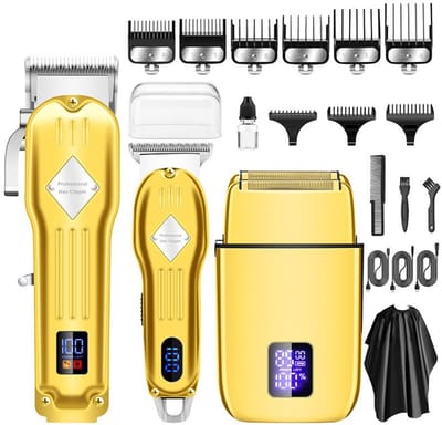 OKWISH Tondeuses - Haar Tondeuse Set voor Thuis met Trimmer Set, Draadloze Oplaadbare Tondeuse, Professionele Kapsel Tondeuse, Metaal Roestvrij Staal, Goud