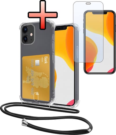 Hoes Geschikt voor Apple iPhone 12 Hoesje Pasjeshouder Cover Met Koord Shock Proof Case Siliconen Hoes Met Telefoonkoord en Kaarthouder Met Screenprotector - Transparant
