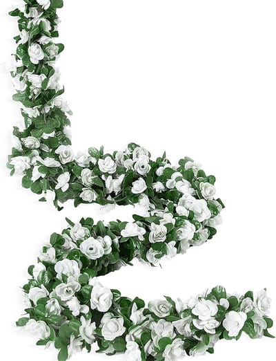 Set van 5 Witte Kunstbloemen Guirlandes van 2,44 m - Rozen, Klimop en Zijde Bloemen voor Bruiloft, Wanddecoratie en Buitengebruik