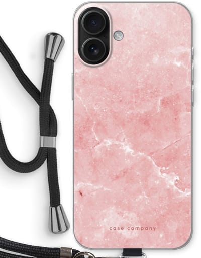 Case Company® - Hoesje met koord geschikt voor iPhone 16 Plus hoesje met Koord - Roze marmer - Telefoonhoesje met Zwart Koord - Bescherming aan alle Kanten en Over de Schermrand