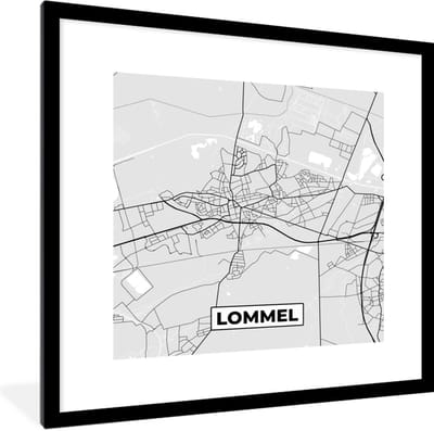Fotolijst incl. Poster Zwart Wit- Stadskaart – Plattegrond – België – Zwart Wit – Lommel – Kaart - 40x40 cm - Posterlijst