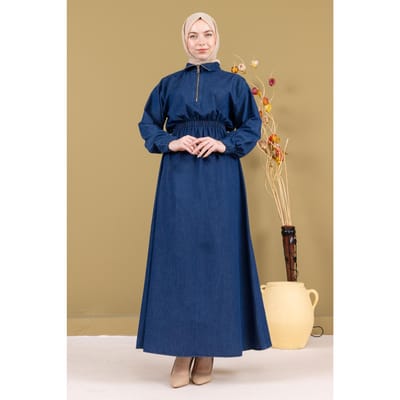 Met rits Elastische taille Denim Jurk Donkerblauw