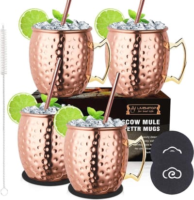 4-delige Moscow Mule Koperen Mokken Set - Handgemaakte Cocktailbeker voor Drankjes - Perfect voor Thuis, Bar en Feesten