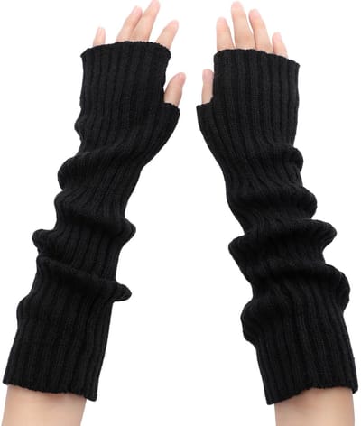 Zwarte polsbandjes - lange gebreide polsbandjes - vingerloze handschoenen - lange gebreide mouwtjes voor dames - lange vingerloze mouwtjes - (zwart)