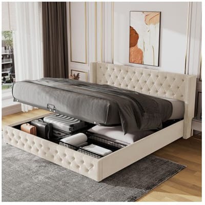 Hydraulische bed - MUVOE - 180x200 cm - Beige fluwelen stof - Chesterfield design - Geïntegreerde opbergruimte grijs