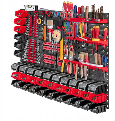 KADAX Werkplaatswandrek, 116 x 78 cm, opslagsysteem van robuust kunststof, uv-bestendig werkplaatsrek, uitbreidbare wandplaten, opbergrek voor garage, rood en zwart, 80 stuks