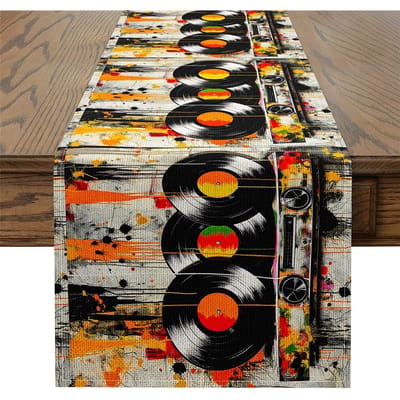 Vintage Muzieknoten Platen Speler Linnen Tafelkleed Feestdecoratie Herbruikbaar Keuken Eettafel Kleed Bruiloft Decoratie 150x33cm white