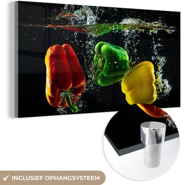 MuchoWow® Glasschilderij 120x60 cm - Schilderij acrylglas - Paprika - Groente - Water - Zwart - Rood - Groen - Geel - Foto op glas - Schilderijen