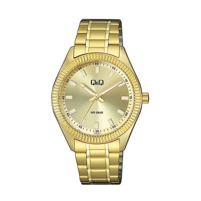 Q&Q QZ48J010Y - Horloge - Analoog - Heren - Mannen - Stalen band - Rond - Metaal - Streepjes - Goudkleurig - 5 ATM